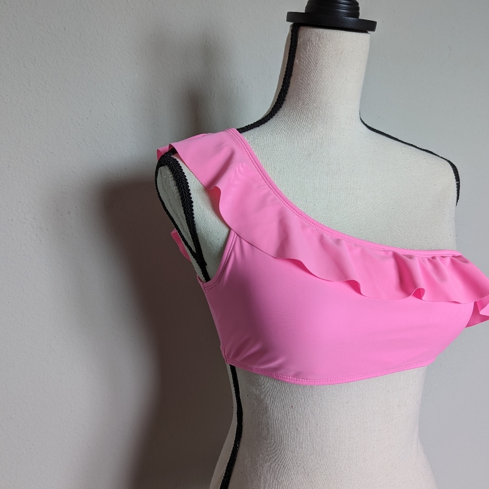 Bright pink ruffle trim one shoulder bikini top size S M L - Picture 6 of 6